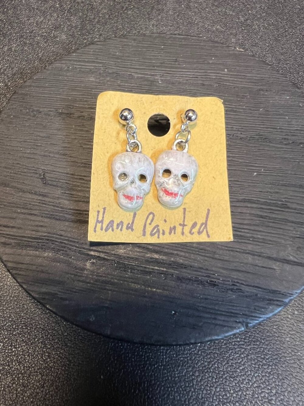 Hand Painted Skull Dangle Earrings, White and Silvertone, Stainless Steel